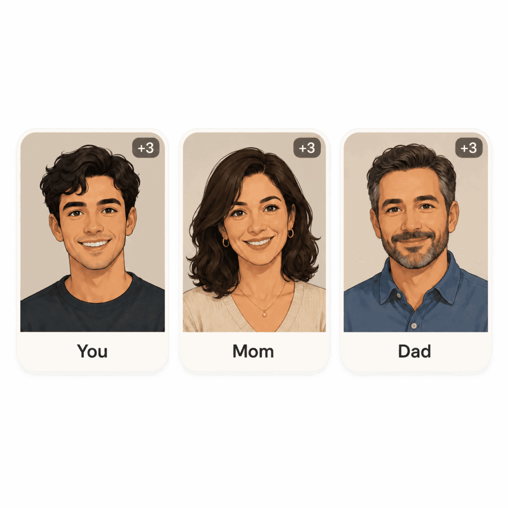 User uploading reference portrait photographs of self, mother, and father into FacePair