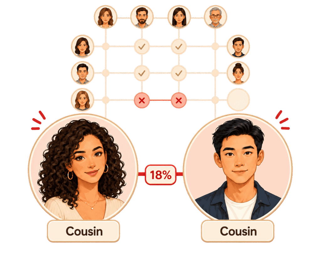 All-vs-all similarity board calculating cross-family resemblance between siblings, cousins, and grandparents