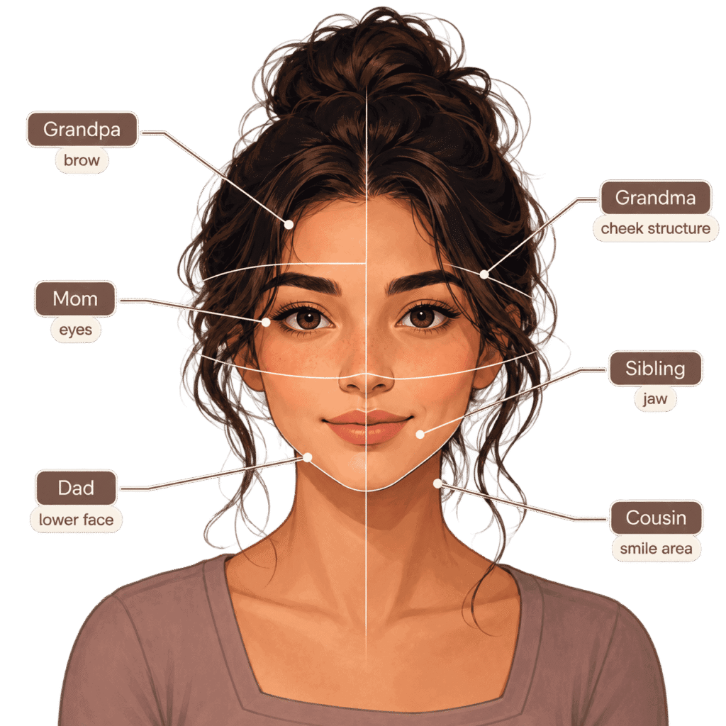 FacePair AI facial landmark detection comparing facial geometry across three family generations