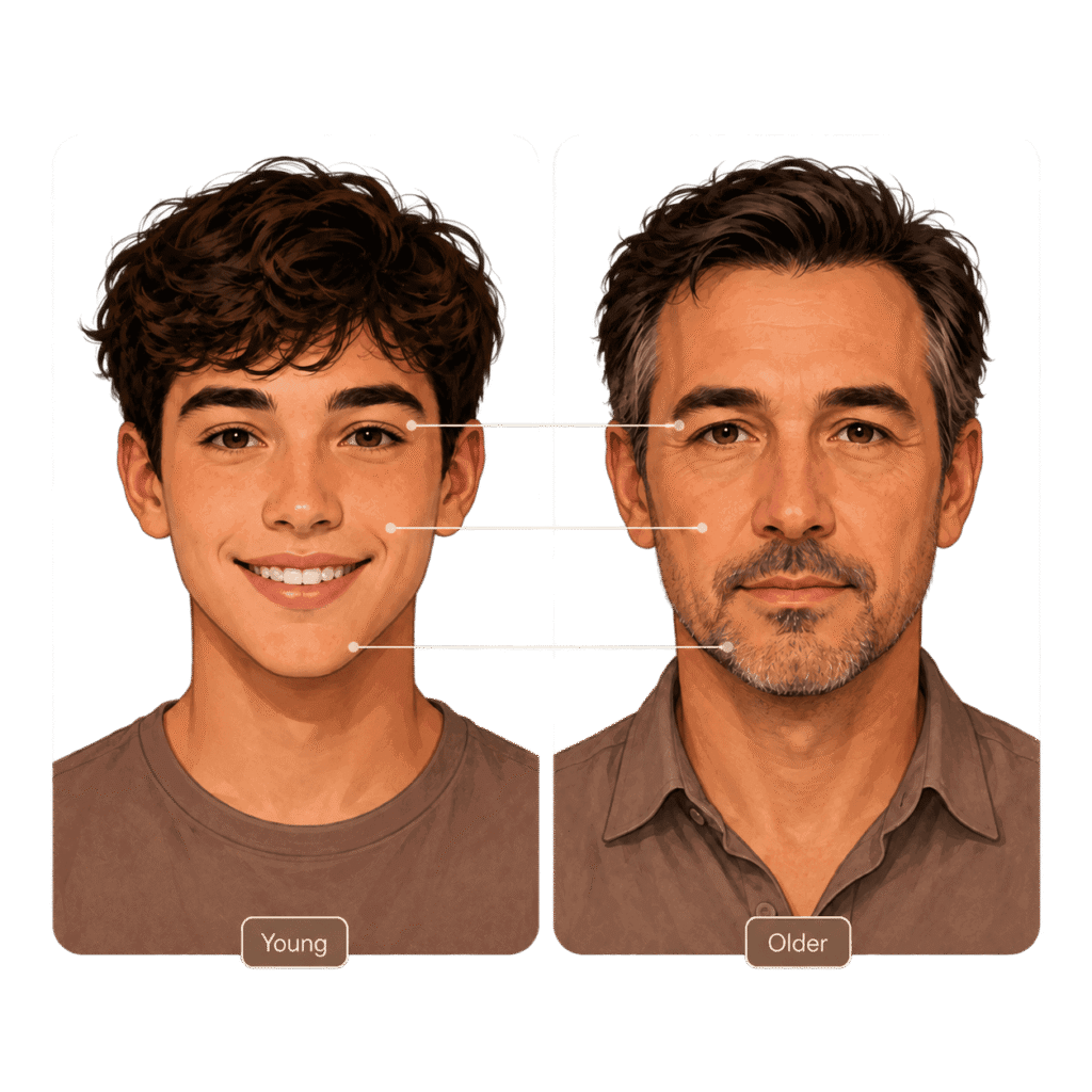 Facial geometry overlay showing structural proportions compared between a younger and older family member