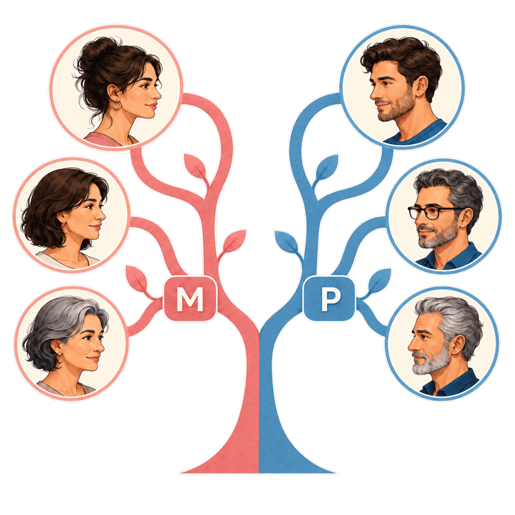 Family tree builder grouping uploaded relative cards by maternal and paternal branches
