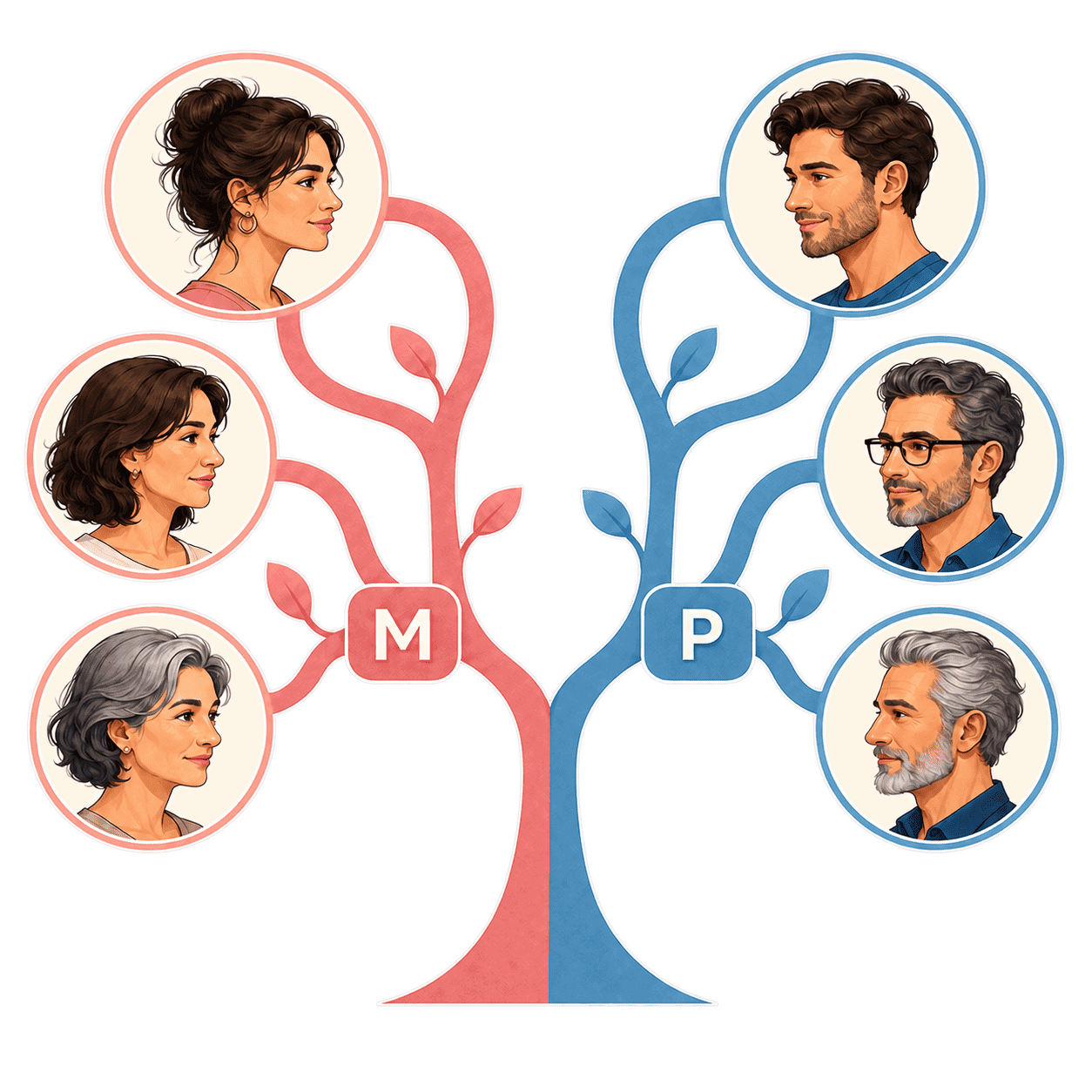 Family tree diagram showing maternal and paternal branches with relative cards organized by relationship
