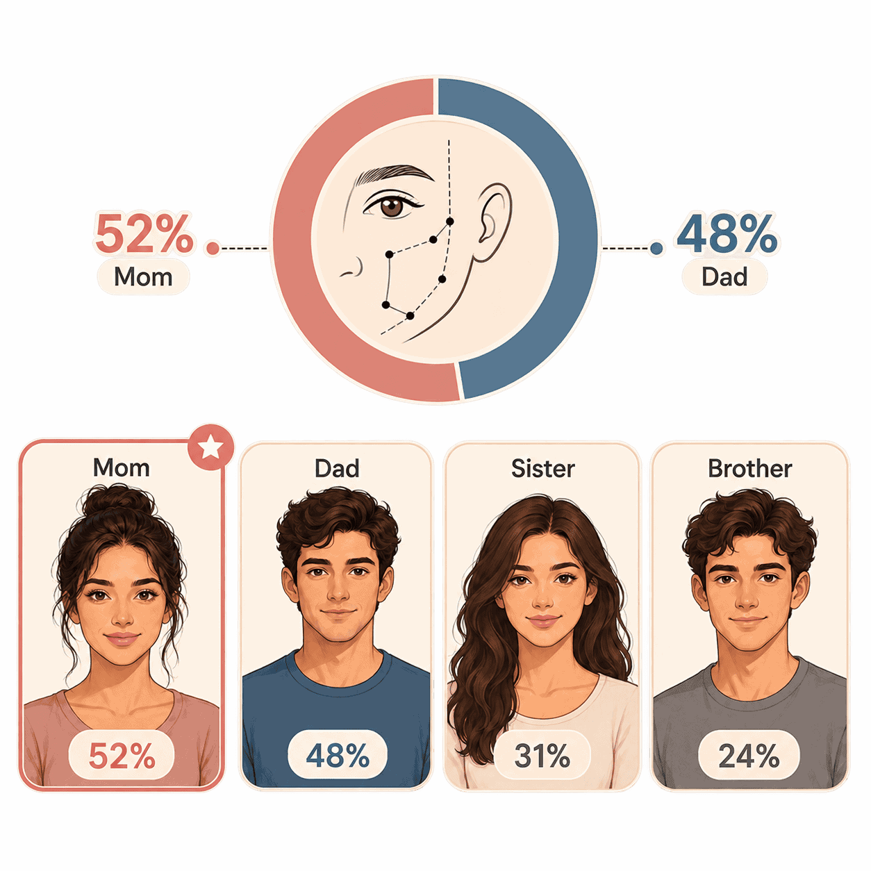 Ranked leaderboard showing resemblance scores out of 100 for each family member with Mom and Dad split percentage